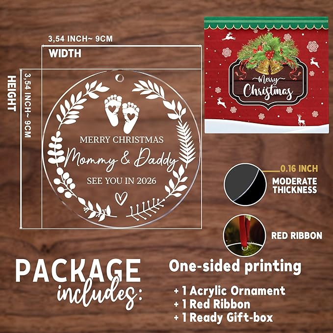 Merry Christmas Mommy & Daddy 2026 Ornament - Expecting Baby Ornament Xmas Gifts - Pregnancy Announcement for Husband, Grandparents, Family, Aunt - Expecting Parents to Be Unique Gifts