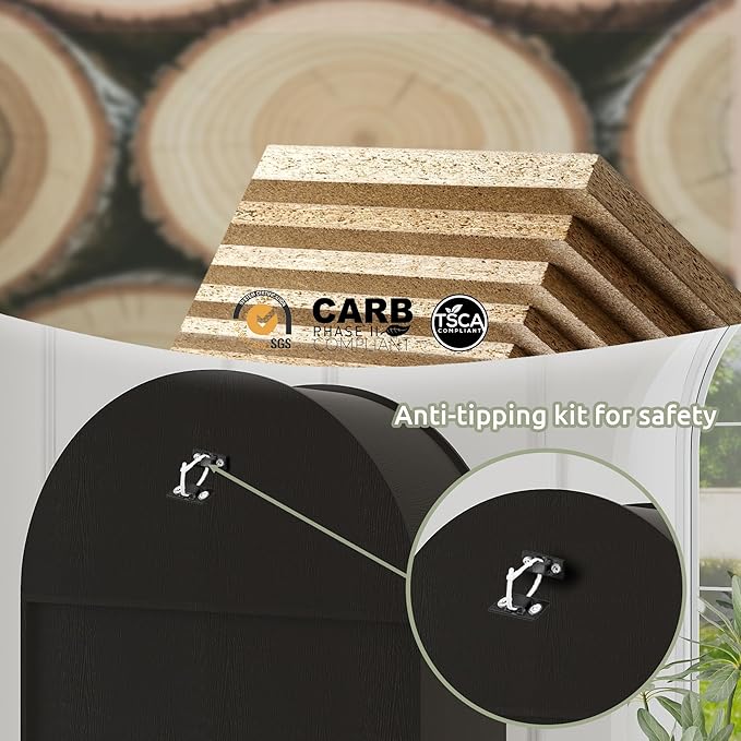 Arched Cabinet Bookshelf Black Arch Bookcase with Doors, Wooden Curved Book Case 5-Tier Tall Round Top Bookshelves for Living Room