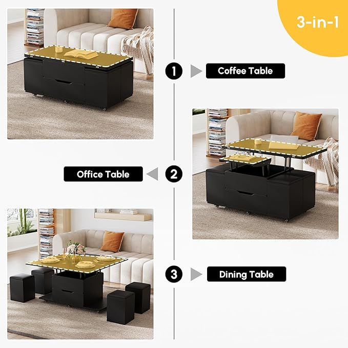 homary Coffee Table with Stools, Black 3-in-1 Modern Lift-Top Folding Center Table with Hidden Storage, Casters, and Lockable Wheels – Convertible Dining & Office Table for Living Room