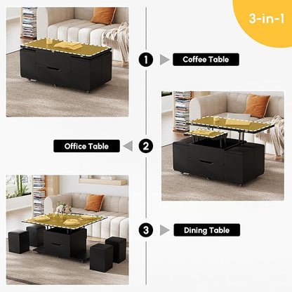 homary Coffee Table with Stools, Black 3-in-1 Modern Lift-Top Folding Center Table with Hidden Storage, Casters, and Lockable Wheels – Convertible Dining & Office Table for Living Room