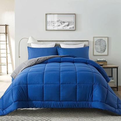 DOWNCOOL King Size Comforter Set -All Season Bedding Comforters Sets with 2 Pillow Cases -3 Pieces Bed Set Down Alternative King Bedding Set -Blue/Grey King Comforter Set(102"x90")