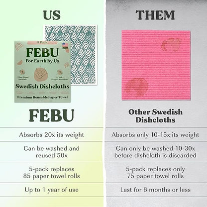FEBU Swedish Dish Cloths 5 Pack Reusable Washable Kitchen Dish Towels, Stamps Pattern