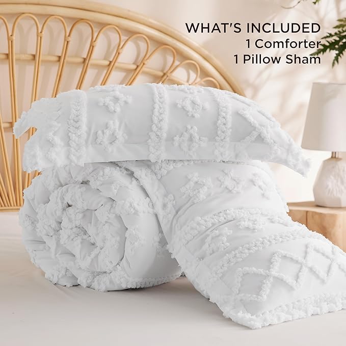 Bedsure Tufted Boho Comforter Set Twin Size - Bright White Boho Bed Set, GentleSoft™ 2 Pieces Farmhouse Shabby Chic Embroidery Bedding, Gifts for Woman, Soft Jacquard Twin Comforter for All Seasons