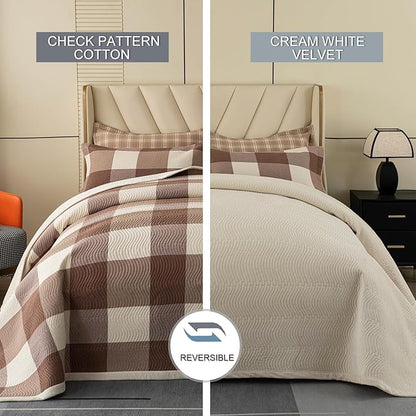 Cotton Plaid Quilt Set Queen 3 Piece Reversible Bedding, Grid Coffee