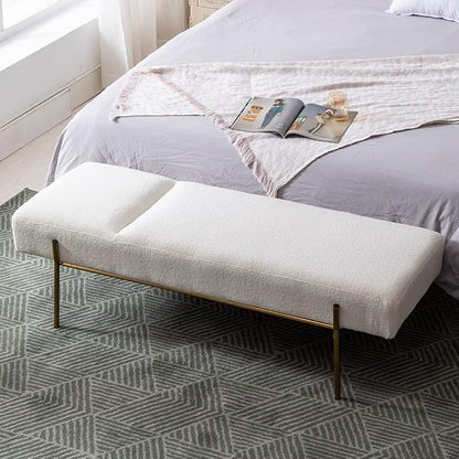 Modern End of Bed Bench, Upholstered Entryway Bench with Detachable Pillow for Living Room, Faux Fur Ottoman Bench with Gold Metal Legs, Comfy Cushion Bedroom Decoration Benches (White)