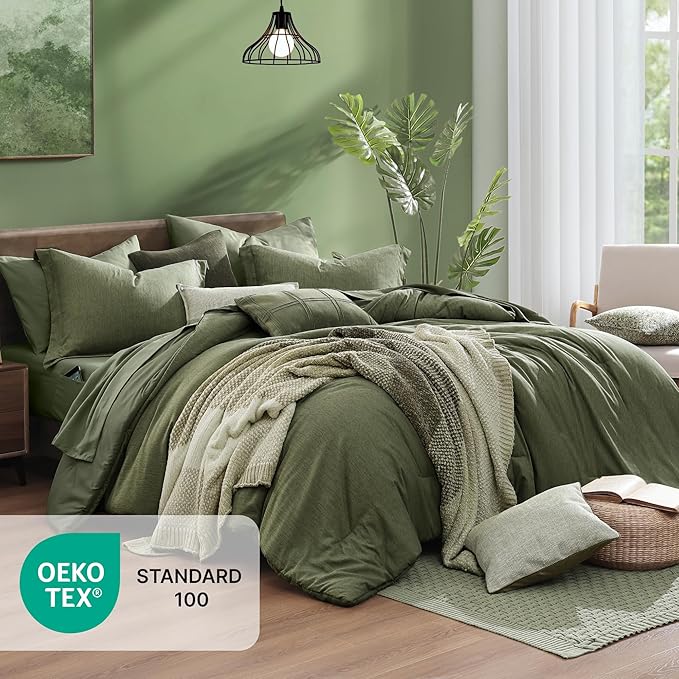Monbix Oversized Queen Comforter Set - 7 Pieces Cationic Dyeing Olive Green Bed in a Bag Bedding Sets with Comforter, Sheets, Pillowcases & Shams, Reversible Bedding Comforters Sets
