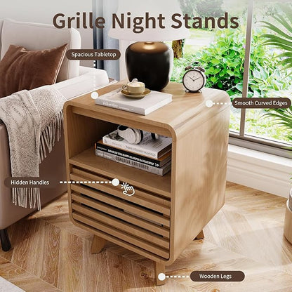 Fluted Night Stand Nightstand with Drawer Storage Grille Bed Side Table End Table Large Modern Wide Bedside Stand Tall Night Stands for Bedroom Living Room Home Office, Natural Oak