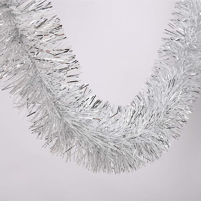 25 ft Long Roll Silver & White Tinsel Twist Garland, Shiny Metallic Foil Decorations for Halloween, Parade Floats, Christmas Eve, New Year Parties (4" x 25' roll, Silver & White)