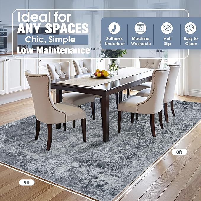 5x8 Area Rugs for Living Room Rug Washable: Abstract Rug for Dining Room Bedroom Carpet Non Slip 5 by 8 Indoor Modern Nursery Home Office Black