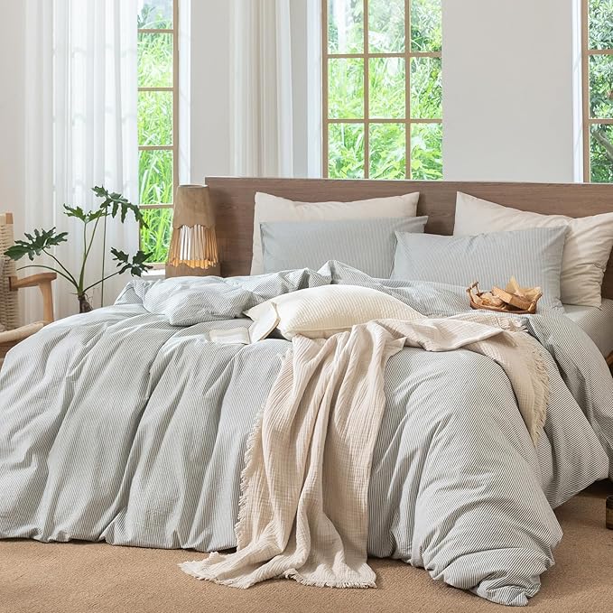 MooMee Striped Duvet Cover Set 100% Washed Cotton Linen Like Textured Breathable Durable Soft Comfy (Heathered Green Pinstripes, Cal King 104"x98")