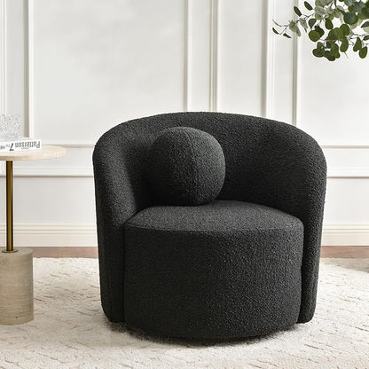 KINWELL Sherpa Swivel Barrel Chair & Round Ball Pillow Set - 34" Wide Modern Boucle Accent Chair with 9” Matching Nordic Decorative Throw Pillow for Living Room and Bedroom(Black)