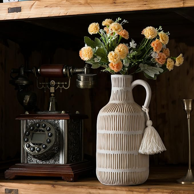 Farmhouse Vase with Handle and Tassel, Grey Yellow Vertical Stripes Design Clay Vase 10'' Tall - Ceramic Flower Vase for Rustic Home Decor, for Fireplace Kitchen Living Room Centerpieces