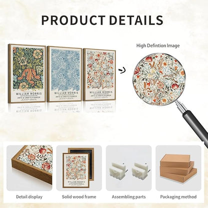 ILLBDR William Morris Framed Wall Art Vintage Aesthetic Canvas Wall Art Set of 3 Colorful Floral Prints Botanical Artwork Modern Gallery Pictures Decor for Bedroom Living Room 16x24 Inch
