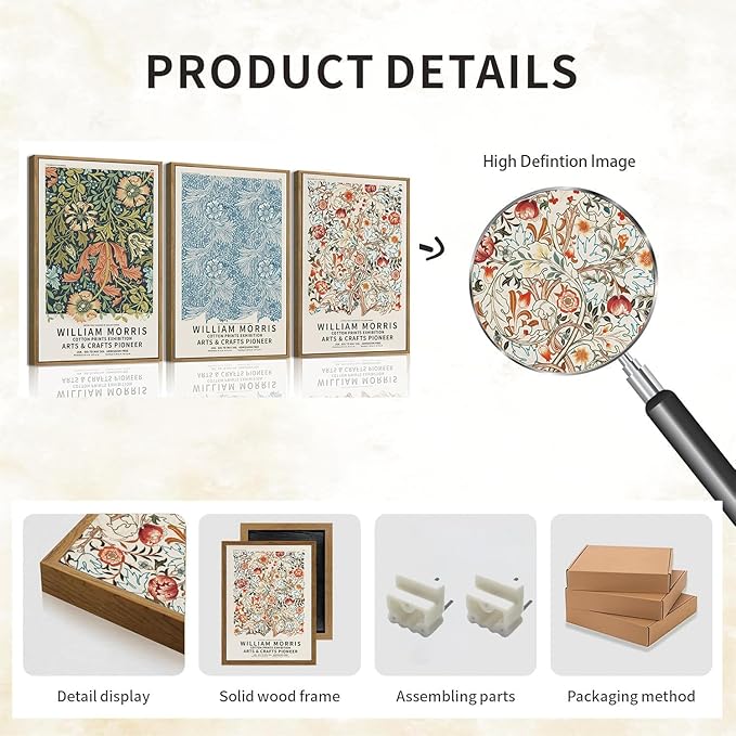 ILLBDR William Morris Framed Wall Art Vintage Aesthetic Canvas Wall Art Set of 3 Colorful Floral Prints Botanical Artwork Modern Gallery Pictures Decor for Bedroom Living Room 12x16 Inch