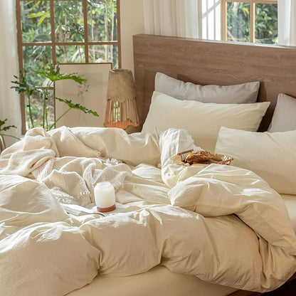 MooMee Wavy Striped Duvet Cover Set 100% Washed Cotton Linen Like Textured Breathable Durable Soft Comfy (Cream White, Full 80"x90")