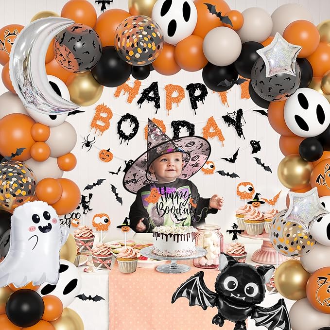 Amandir Orange Black White Sand Halloween Birthday Party Decorations, Happy Boo Day Glitter Banner Halloween Balloon Arch Garland kit Foil Bat Ghost Balloons Cake Toppers for Kids Spooky Baby Shower