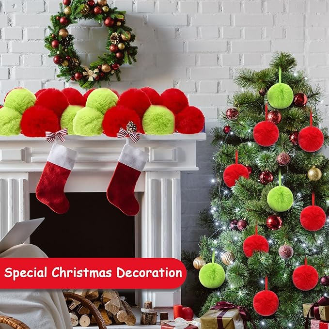 24 Pcs Red and Green Furry Christmas Ball Ornaments for Tree 3.94 Inches Large Pom Pom Ball Christmas Hanging Decoration for Party Supplies Fireplace Mantel Wall Decor