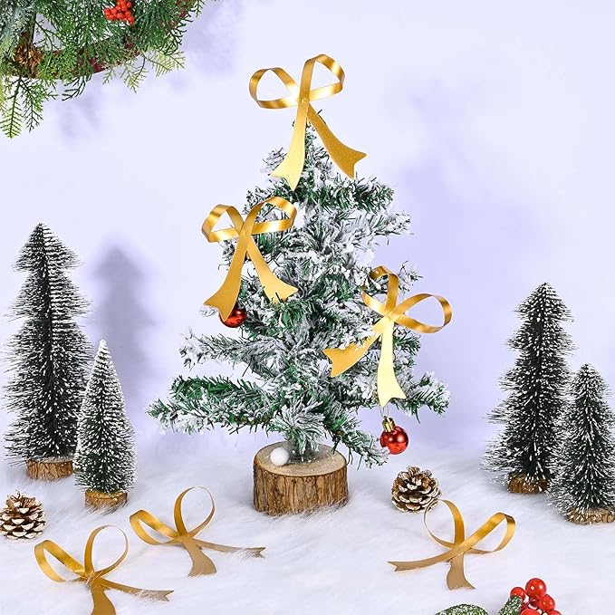 12 Pcs Christmas Metal Bow Ornaments Gold Christmas Tree Hanging Ornaments Bow Tree Topper Gold Bow Decoration for Christmas Tree Garland Wreath Indoor Outdoor Decor