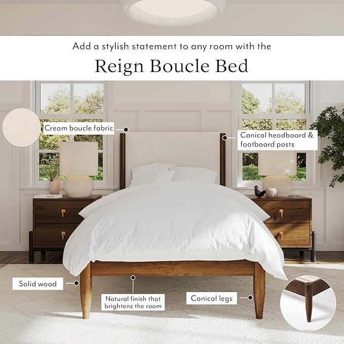 DG Casa Solid Wood Boucle Mid-Century Modern Twin Size Wooden Platform Bed Frame - Upholstered in Cream Boucle - Walnut Finish