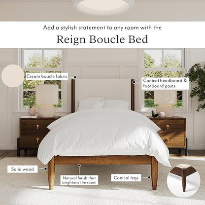 DG Casa Solid Wood Boucle Mid-Century Modern Twin Size Wooden Platform Bed Frame - Upholstered in Cream Boucle - Walnut Finish