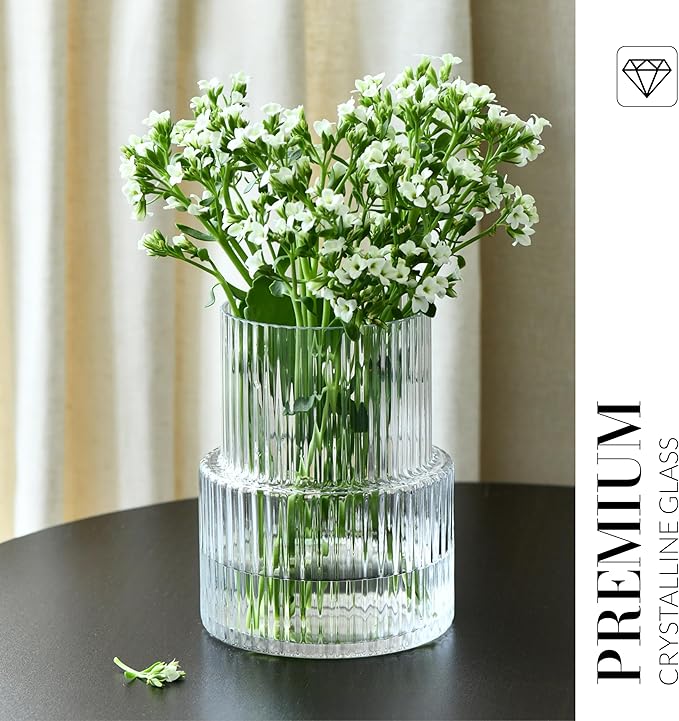 KROSNO Ribbed Flower Modern Japandi Decor Vase, 7,8 x 6,2 inch, Perfect for Home and Restaurants, Dishwasher Safe, Crystalline Glass, Lead-Free