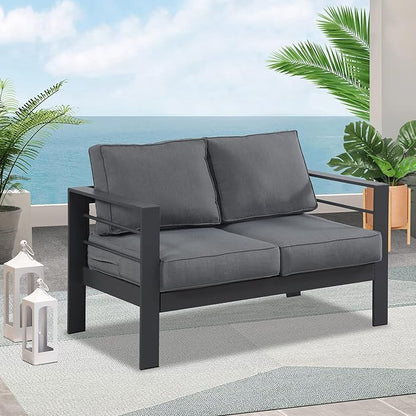 Wisteria Lane Patio Furniture Aluminum Loveseat, All-Weather 2 Seats Outdoor Chair, Gray Metal Chair with Dark Grey Cushions