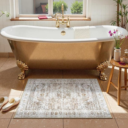 Uphome Boho Bathroom Rugs, Distressed Farmhouse Light Khaki Bath Mat, Comfy Velvet Small Bath Rugs Non Slip Washable, Vintage Oriental Toilet Rug for Sink Shower Vanity, 20x32 inch