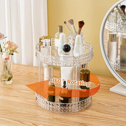 360° Rotating Makeup Organizer, 2 Tier Large Perfume Organizers with Portable Handle for Vanity Bathroom Countertop, Bathroom Counter Organizer for Cosmetics Skincare Perfume