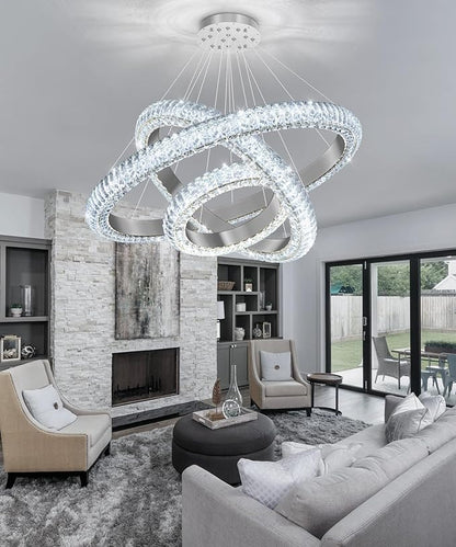 31.5" 3 Ring Crystal Chandelier Modern LED Dimmable Ring Pendant Light Round Chandelier for Dining Room Living Room Silver