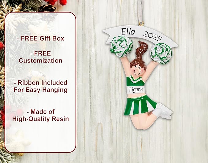 Personalized Cheerleader Christmas Ornament 2025 | Cheer Girl Dancer Cheerleading with Green Pompom Ornament for Christmas Tree | Pom Pom Dance Gift