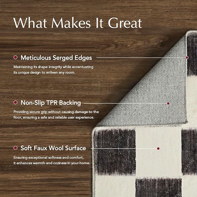 EVERGRACE Checkered Plaid Area Rug 5x7, Soft Faux Wool Rugs Washable Anti Slip Rugs Large Rug Carpet for Entryway Bedroom Living Room Hallway Kitchen Dining Room and Laundry Room, Black