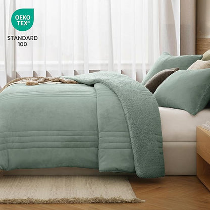 Monbix Fluffy Full Comforter Set Sage Green, Sherpa Plush Fuzzy Comforter 3 Piece for Full Size Bed, Luxury Soft Winter Warm Bedding Set