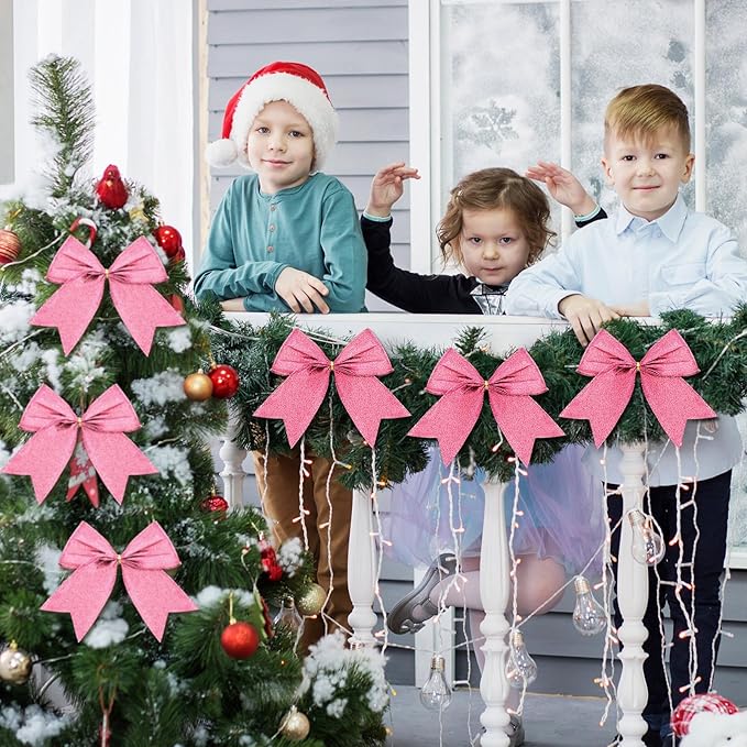 Cindeer 24 Pcs Pink Christmas Bow Decorations 6 x 6 Inches, Glitter Holiday Ornaments Sequin Ties Bows for Xmas Tree, Wreath, DIY Crafts, Gift Wrapping, Party Decor