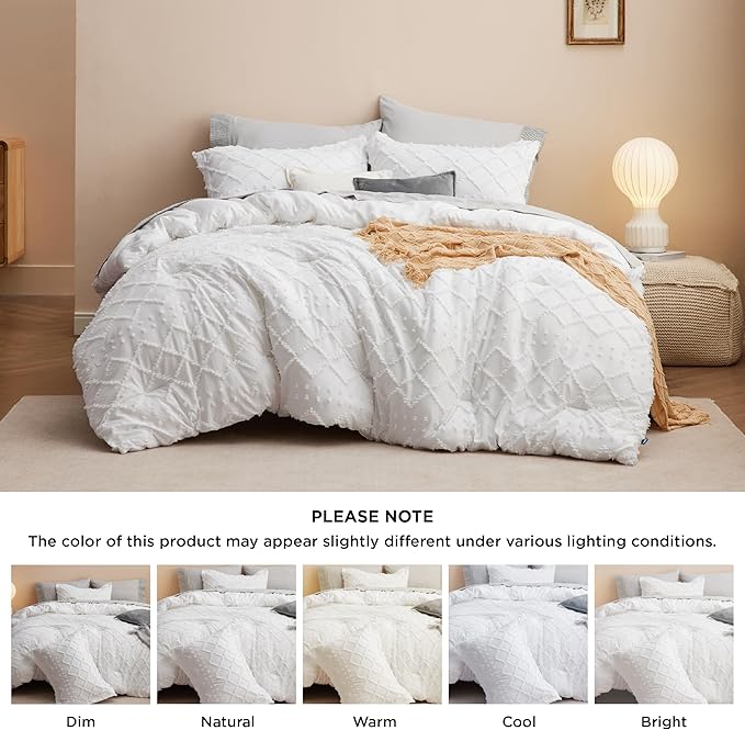 Bedsure King Comforter Set - White Comforter, Boho Tufted Shabby Chic Bedding for Kids, 3 Pieces Vintage Farmhouse Bed Set for All Seasons, Fluffy Soft Bedding with 2 Pillow Shams