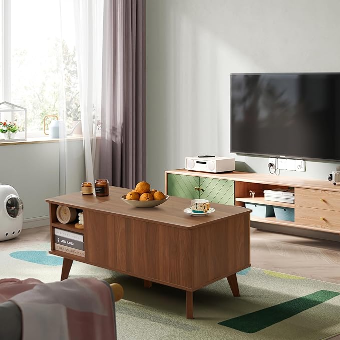 Wooden Fluted Lift Top Coffee Table with Hidden Compartment, Modern Rectangle Center Tables with Adjustable Storage Shelf, Lift Tabletop Dining Table for Home Living Room Office(Walnut)