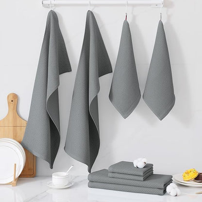 Homaxy 100% Cotton Kitchen Towels and Dishcloths Set, 12 x 12 Inches and 13 x 28 Inches, Set of 8 Bulk Kitchen Towels Set, Ultra Soft Absorbent Dish Cloths for Washing Dishes, Grey