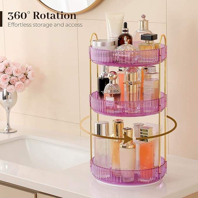 Aveniee Rotating Makeup Organizer for Vanity, Perfume Skincare Organizerss Large, Spinning Bathroom Counter Shelf Holder for Cosmetics, Skin Care, Lipsticks,3 Tiers, Purple