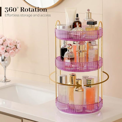 Aveniee Rotating Makeup Organizer for Vanity, Perfume Skincare Organizerss Large, Spinning Bathroom Counter Shelf Holder for Cosmetics, Skin Care, Lipsticks,3 Tiers, Purple