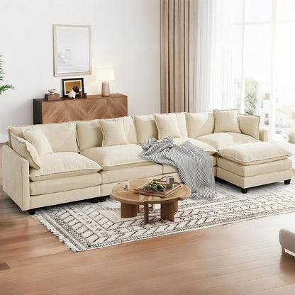 SoarFlash 143.2" Chenille Sectional Sofa, Comfy L Shaped Modular Coush Sofa with Ottoman, Modern 4 Seat Couch Deep Seat Sofa Set for Living Room,Beige