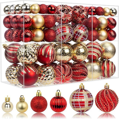 100ct Christmas Ball Ornaments Set, Red and Gold Shatterproof Hand-Painted Hanging Baubles Decoration Bulk for Xmas Tree, Wreath, Garland, Home Holiday Decor