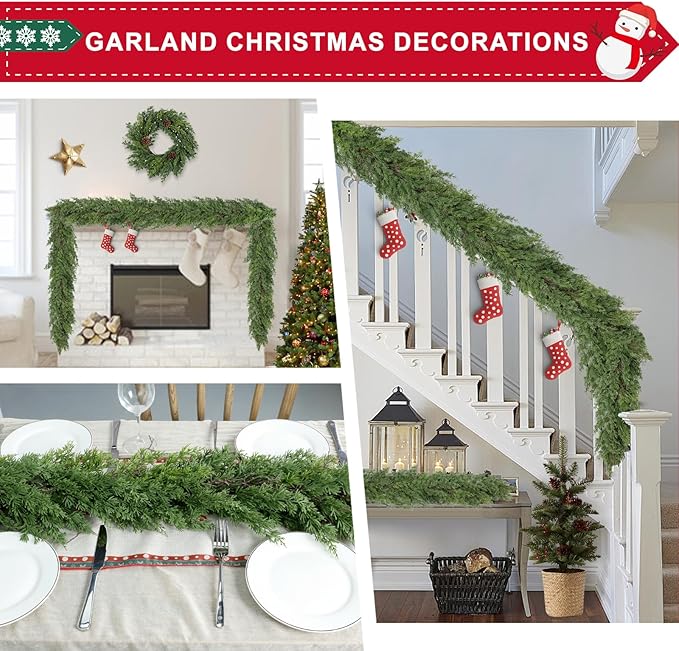 6 Ft Real Touch Christmas Garlands,Thick and Lush，Soft Bendable, Pine Cedar Garland Artificial Realistic, guirnaldas navideñas，Christmas Garland for Mantle,Outdoor Indoor Christmas Decorations