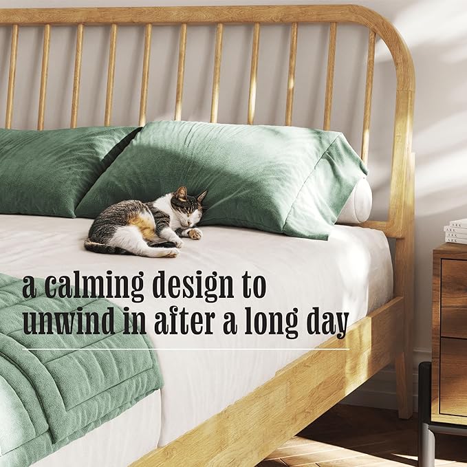 DG Casa Wesley Solid Wood Queen Size Bed Frame - Mid Century Modern Style, Platform with Spindle Headboard and Footboard, No Box Spring Required, Natural Finish