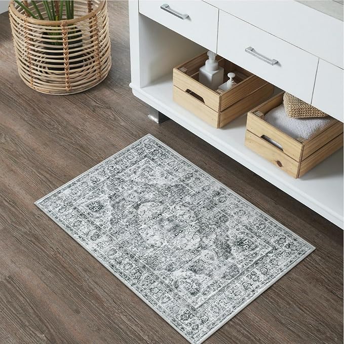 Uphome Gray Bath Mat, Distressed Farmhouse Boho Bathroom Rugs, Super Cozy Velvet Small Bathroom Mats, Non Slip Machine Washable Bathroom Floor Mat for Toilet Sink Shower, 18x26 inch
