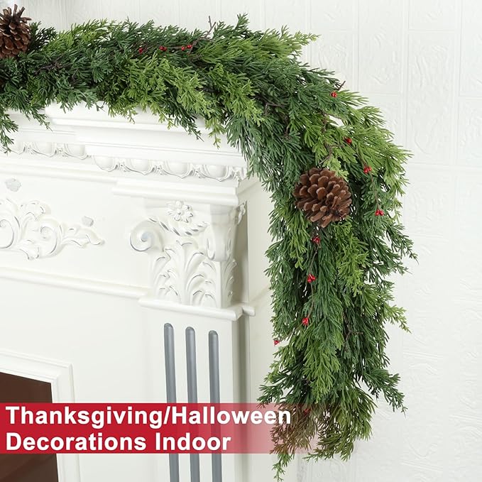 6 Ft Real Touch Christmas Garlands with Pine Cone,Thick and Lush，Bendable guirnaldas navideñas, Lifelike Pine Cedar Garland, Christmas Garland for Mantle,Indoor Outdoor Christmas Decorations