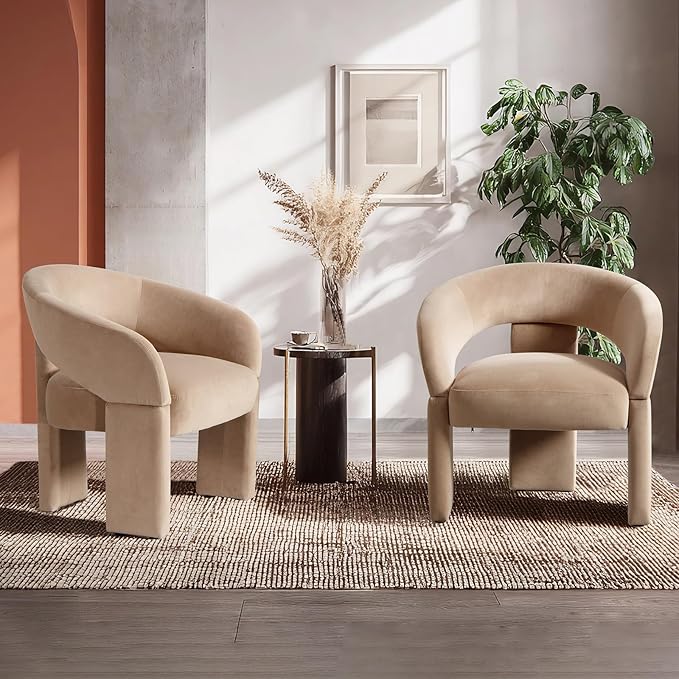 Modern Accent Chairs Set of 2 Khaki Velvet Round Barrel Armchairs Comfy Upholstered Lounge Chair for Living Room Bedroom Reading Chair Vanity Chair Comfy Office Waiting Room Chairs