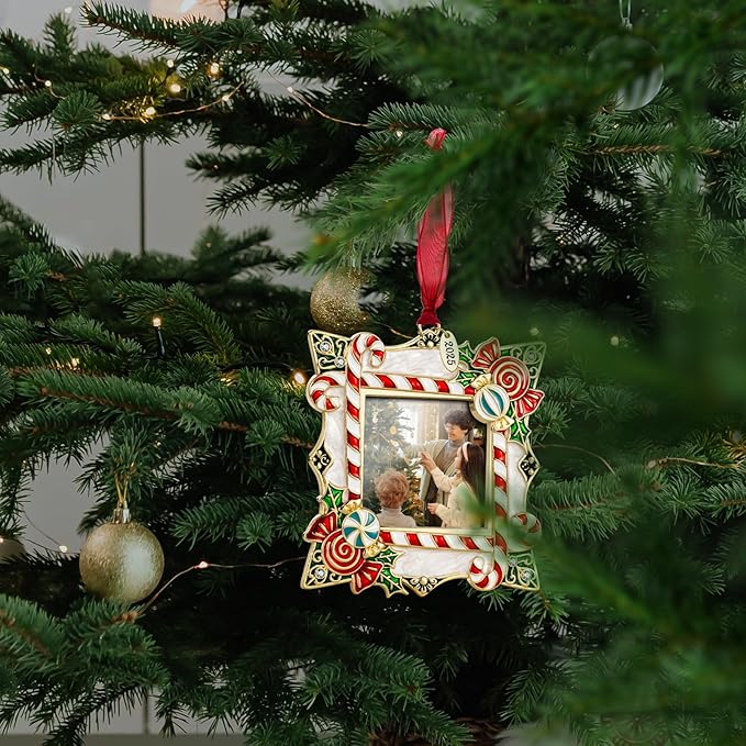 2025 Christmas Ornaments 2 inch Picture Frame Metal Hanging Pendant for Tree Small Decorative Keepsake, Display Photo for Baby and Pet (Candy Gold (2025))