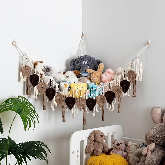 Pretty Jolly Stuffed Animal Storage with Hand Woven Leaf Tassels Hammock Corner Hanging Net Boho Macrame Plush Storage for Kid Room Nursery Decor Wall Display for Girls Gift(Brown)