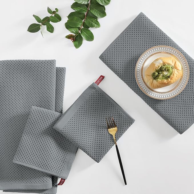 Homaxy 100% Cotton Kitchen Towels and Dishcloths Set, 12 x 12 Inches and 13 x 28 Inches, Set of 8 Bulk Kitchen Towels Set, Ultra Soft Absorbent Dish Cloths for Washing Dishes, Grey