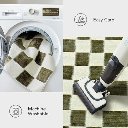 EVERGRACE Checkered Plaid Area Rug 2x10, Soft Fuzzy Faux Wool Rugs Washable Anti Slip Rugs Long Runner Carpet for Entryway Bedroom Living Room Hallway Kitchen Dining Room and Laundry, Olive Green