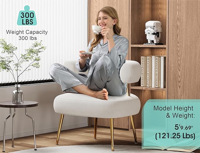 Modern Velvet Accent Chair, Round Upholstered Barrel Armchair for Small Spaces, Fluffy Side Corner Chair for Living Room, Bedroom, Vanity, Office, Reading Nook(Cream White)